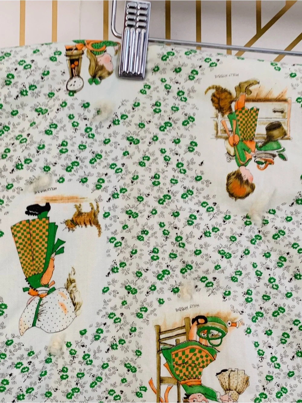 Vintage Holly Hobbie Crib Quilt floral green chores & tasks 70 x 34” flowers